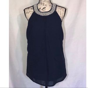 VENUS navy and pearl flowy blouse